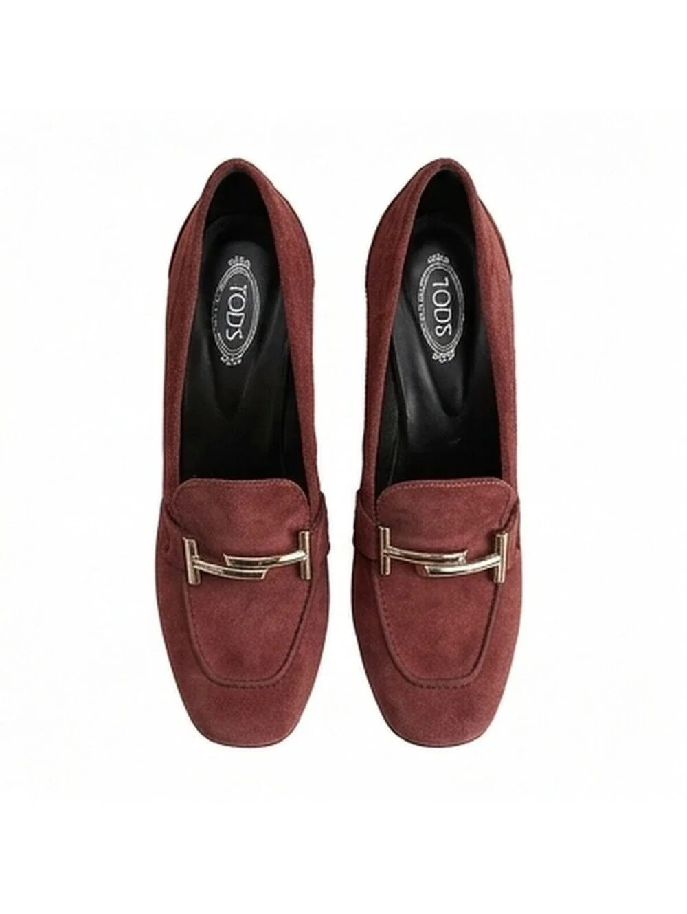 Tod's T Timeless Suede Heeled Loafers Burgundy Gold T Hardware Womens Sz 8